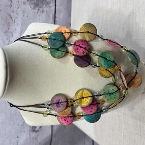 Multi Coloured‎ Chunky Wooden Bead Necklace Triple Strand Womens Fashion